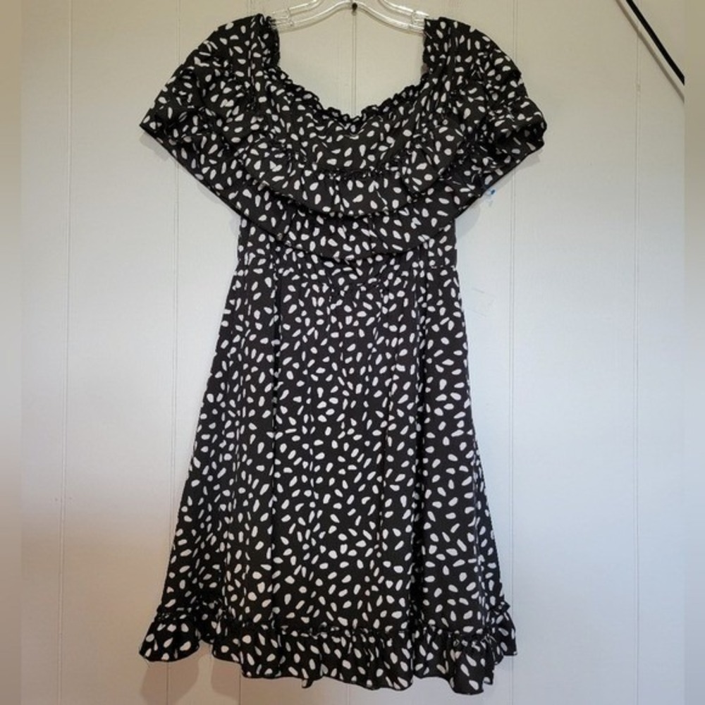 Black White Abstract Dot Ruffle Off Shoulder Elastic Waist Mini Dress Womens - Picture 2 of 5